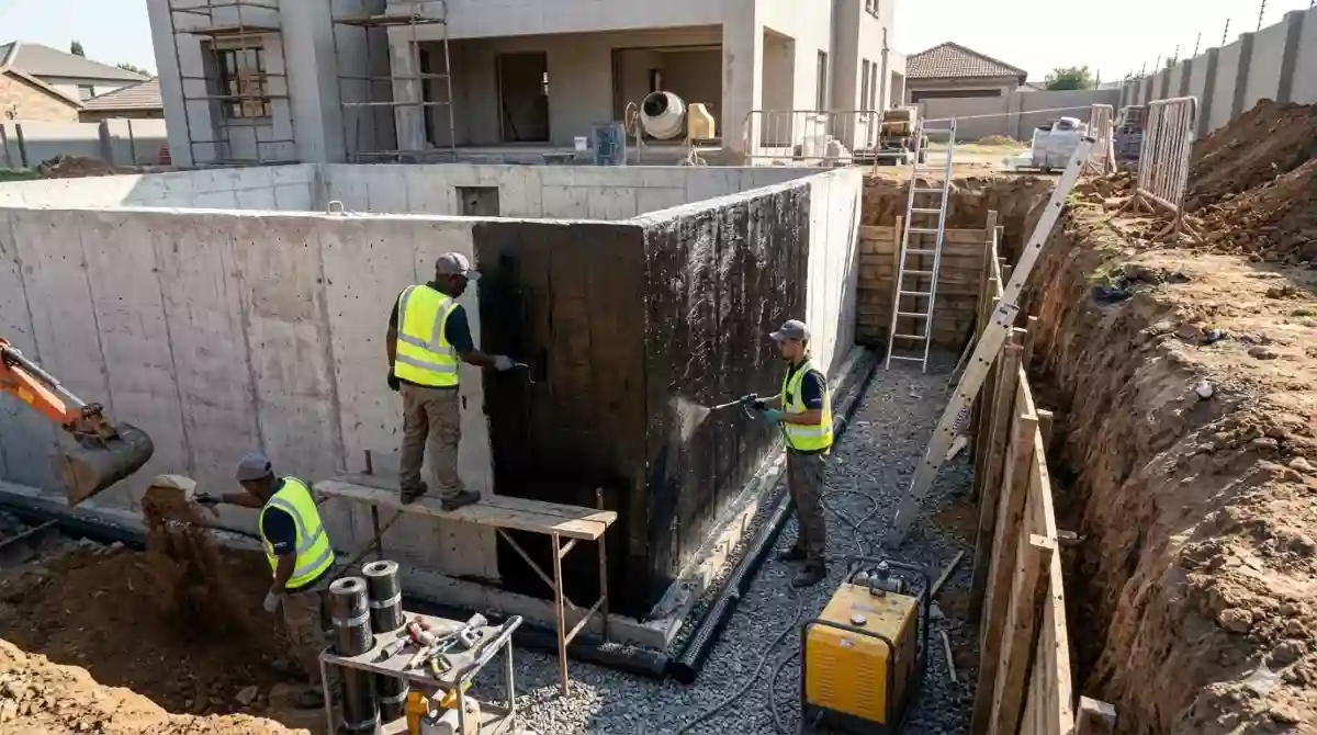 Basement foundation waterproofing South Africa – exterior wall membrane installation for below grade protection