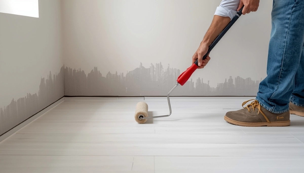 Bathroom floor tanking system – liquid membrane application with reinforcement at walls and corners