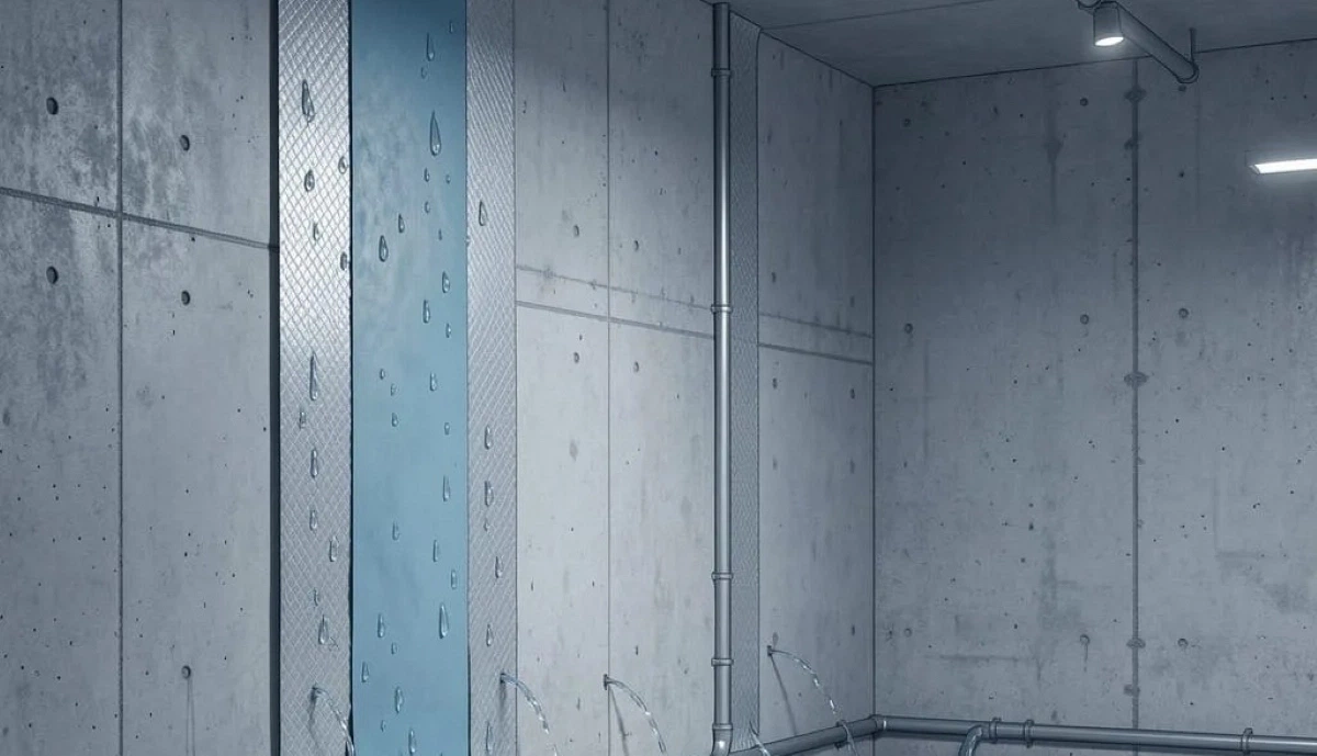 Cavity drainage membrane for basement – dimpled plastic sheet creating drained cavity