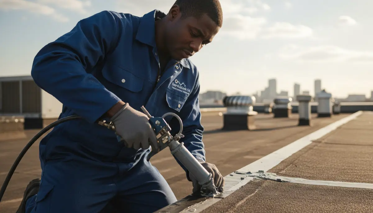Cracked membrane repair sealing – technician applying liquid patch over damaged waterproofing