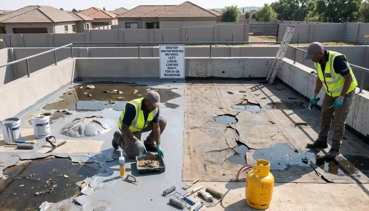 Flat roof waterproofing problems and fixes – technician inspecting damaged membrane with blistering and cracks