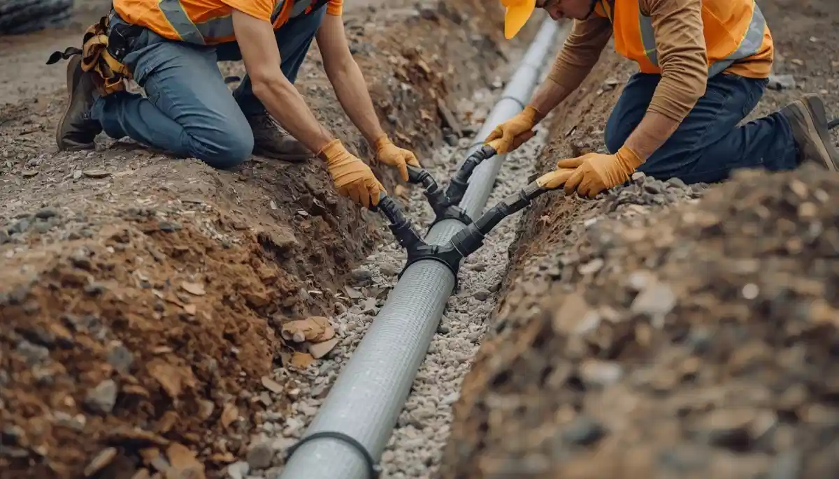 French drain foundation installation – perforated pipe in gravel trench around basement