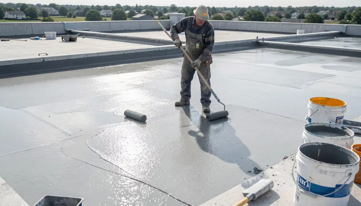 Liquid waterproofing roller application – applying polyurethane membrane with roller on balcony