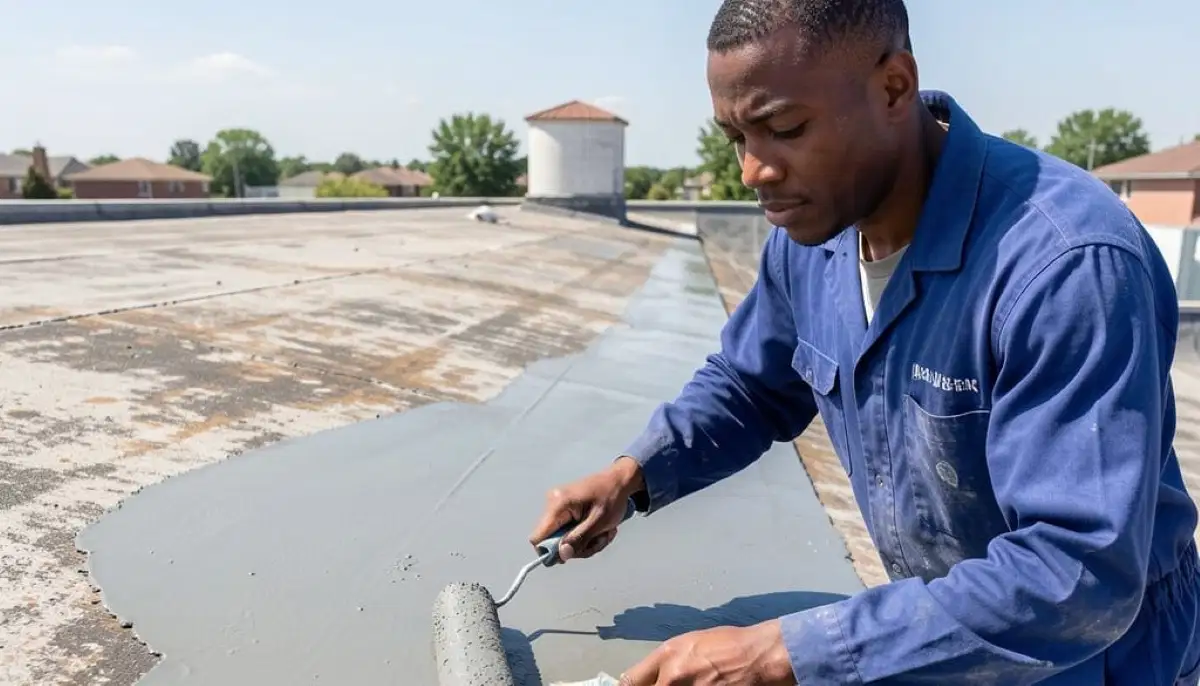 Reapplying waterproofing to leak area – technician recoating failed section with liquid membrane