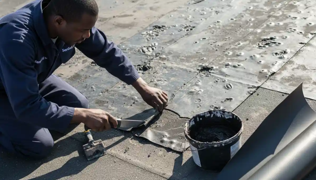 Roof leak blisters and bubbles repair – technician cutting open blistered membrane to fix leak source
