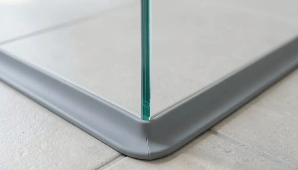 Shower base waterproofing banding – reinforcement fabric embedded in liquid membrane at corners and drains