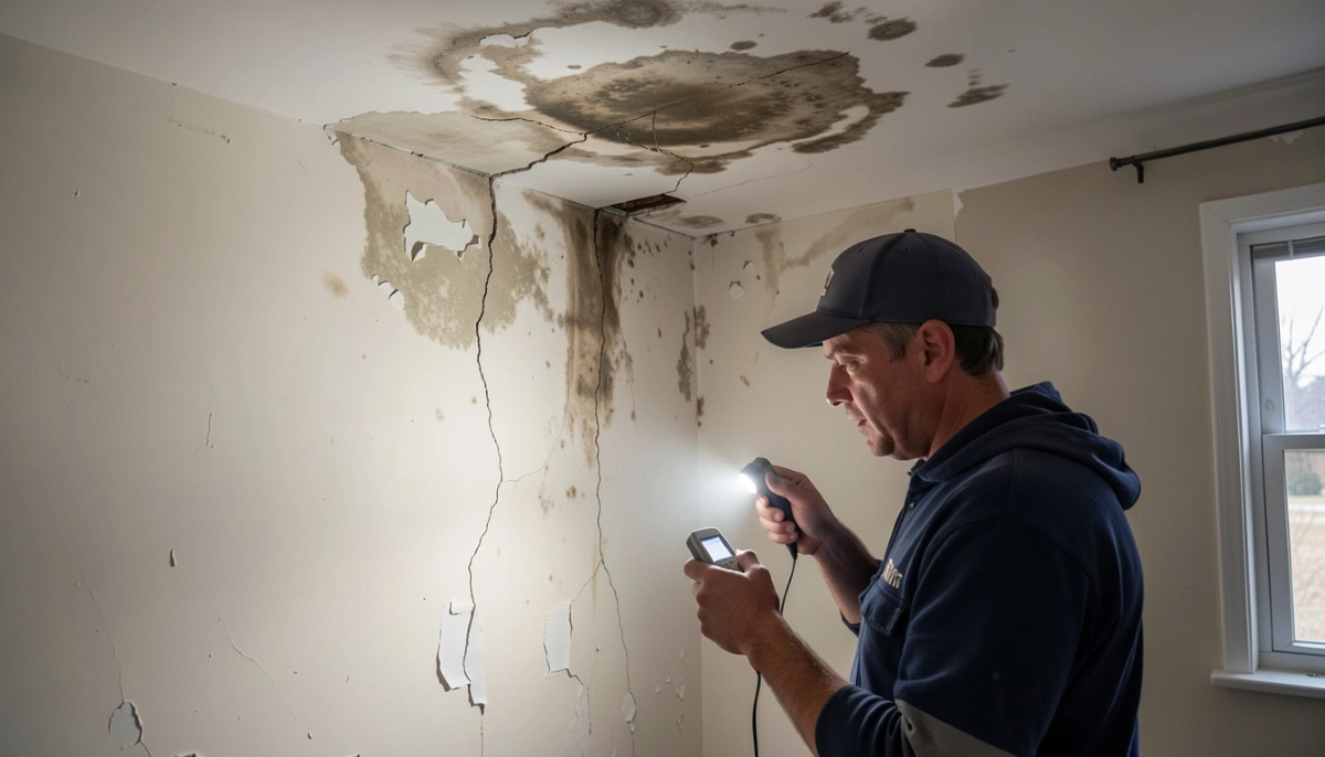 Signs of waterproofing failure and how to fix – water stains on ceiling and peeling paint indicating leak