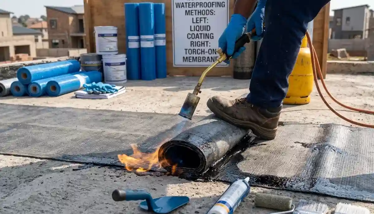 Torch-on bitumen membrane application – professional roofing contractor installing waterproofing with gas torch