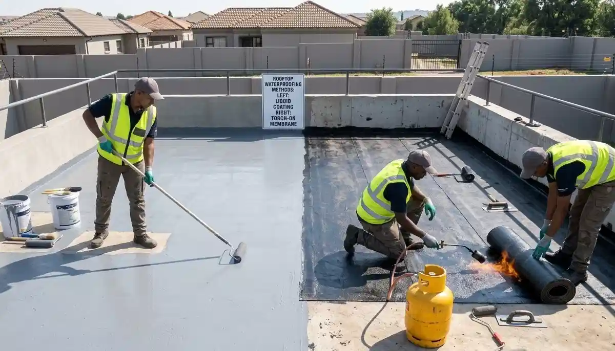 Torch-on vs liquid waterproofing comparison – bitumen membrane roll and liquid polyurethane pail side by side