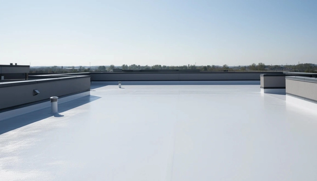 Waterproofed flat roof completed – finished torch-on membrane installation with flashings
