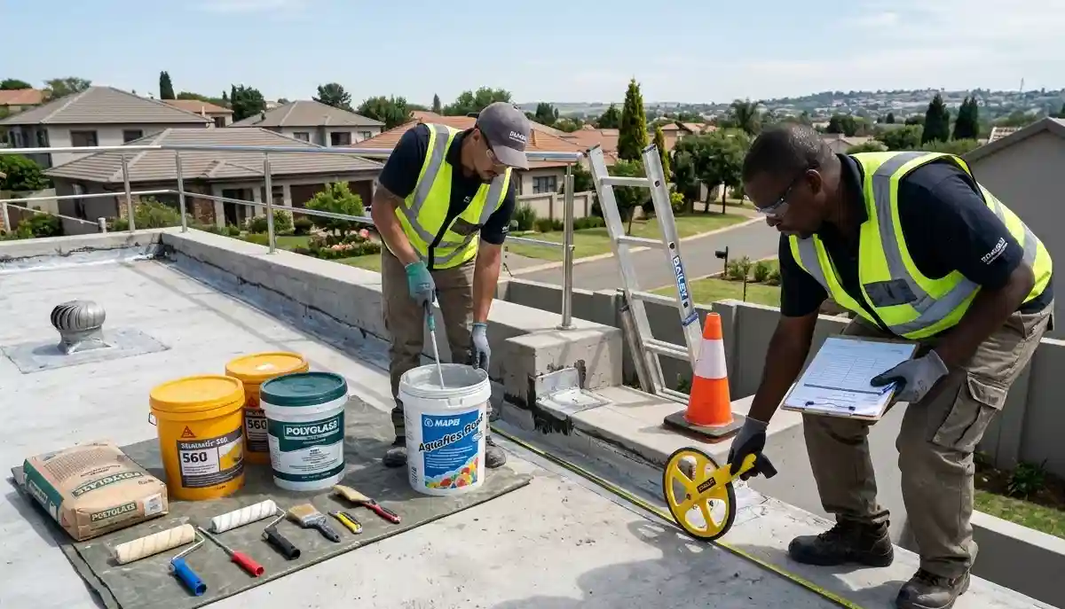 Waterproofing cost South Africa – professional applicator installing roof membrane with pricing breakdown