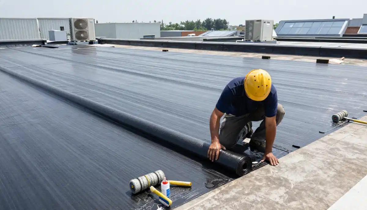 Waterproofing membrane installation roof – contractor applying membrane to flat roof surface
