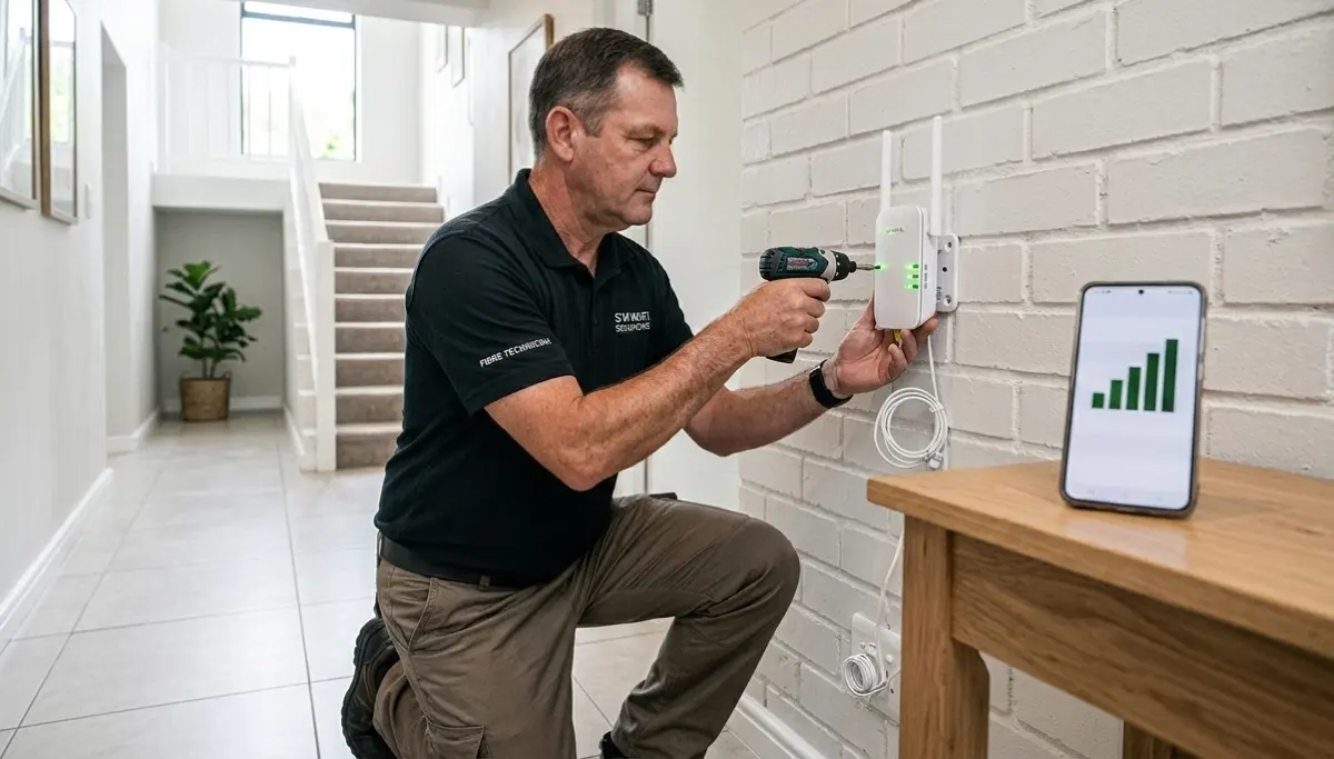 Best WiFi extender installation South Africa – technician configuring wireless signal booster in modern home
