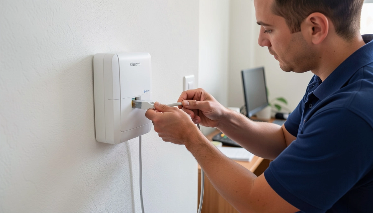 Fibre ONT installation with WiFi router – fibre termination point connected to wireless router