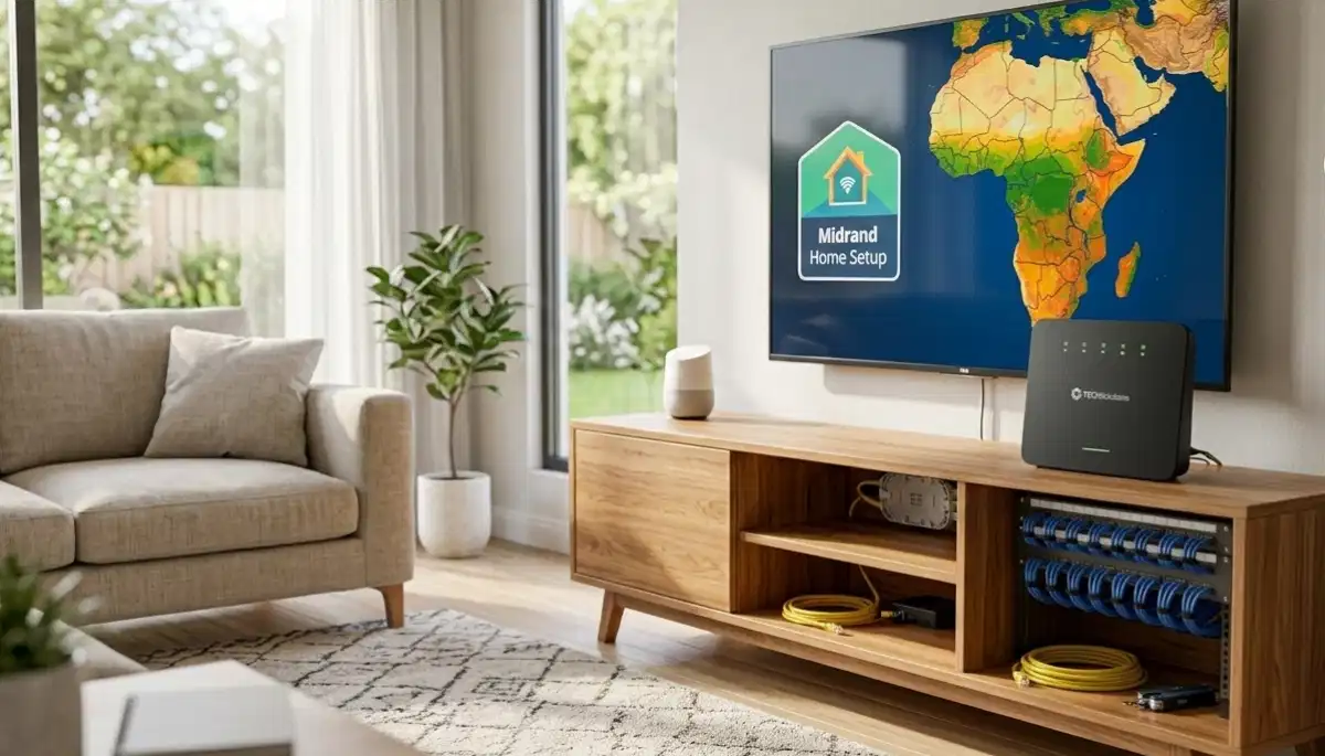 Fibre router setup media console – organised network equipment for home fibre connection