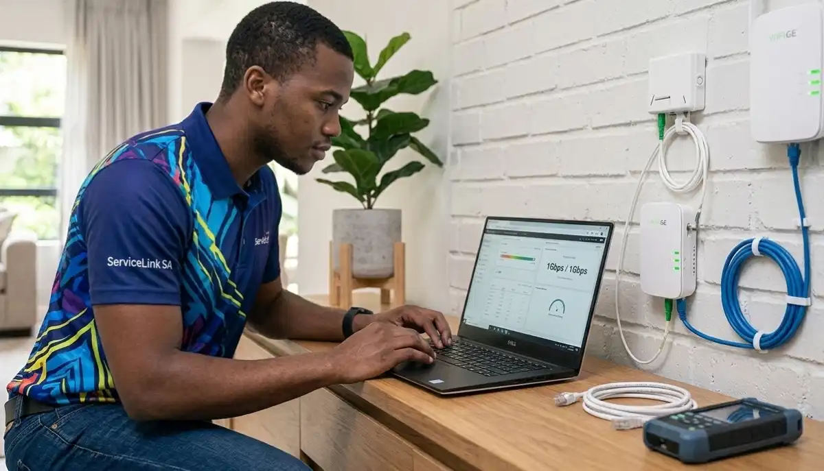 Fibre to WiFi setup South Africa – fibre ONT connected to wireless router for home internet