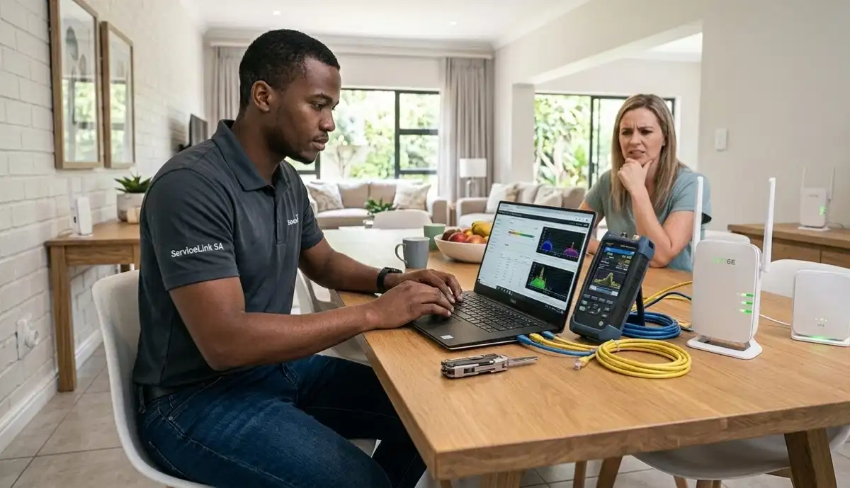 Fix slow WiFi professional troubleshooting – technician diagnosing network speed issues with tablet