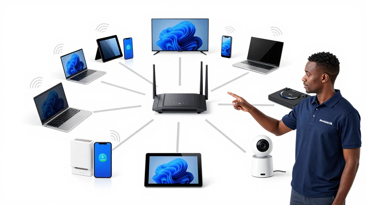 Home network with many devices showing bandwidth management for accurate wifi speed test