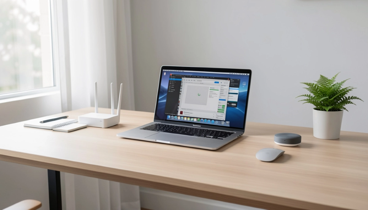 Home office WiFi setup for remote work South Africa: Professional home office with router and devices