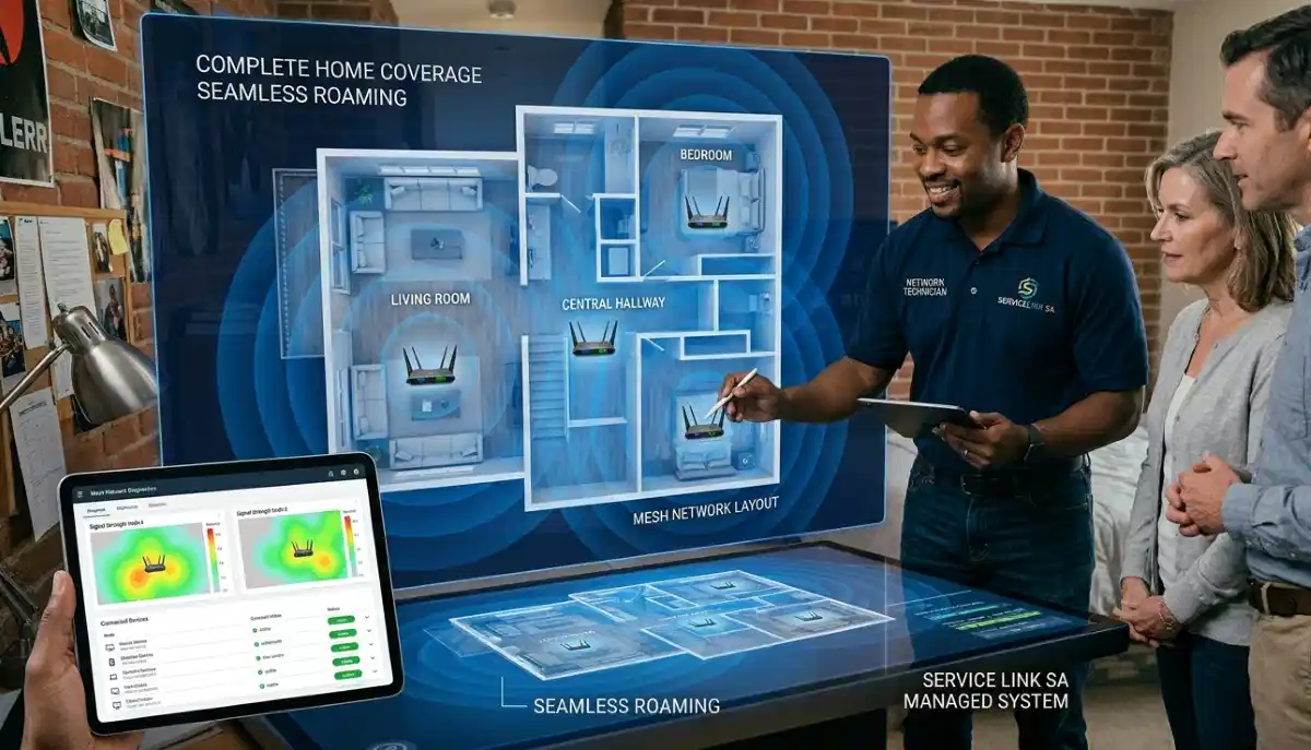 Mesh WiFi floorplan node coverage showing how mesh wifi better than extender for whole-home