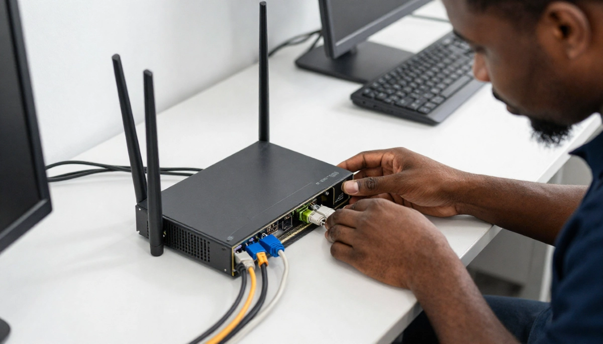 Router replacement faulty device – technician replacing failed network hardware