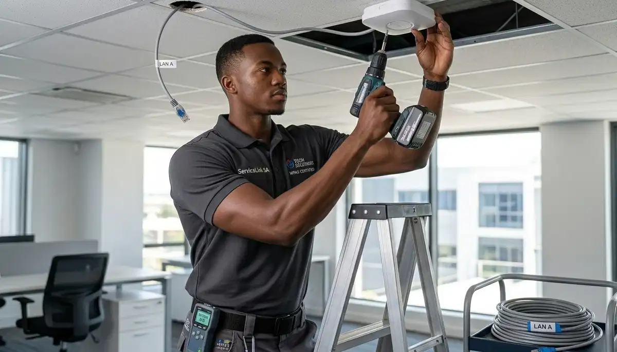 Technician mounting WiFi access point – professional installation of wireless network equipment