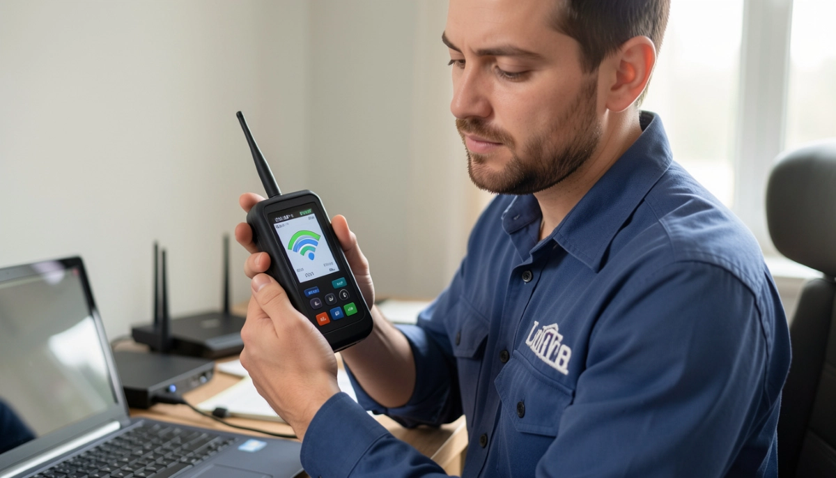 Technician WiFi signal testing meter – professional spectrum analyser measuring signal strength and interference