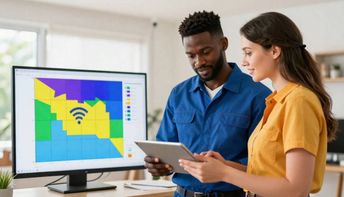 WiFi dead zone mapping home – technician creating heat map of signal coverage