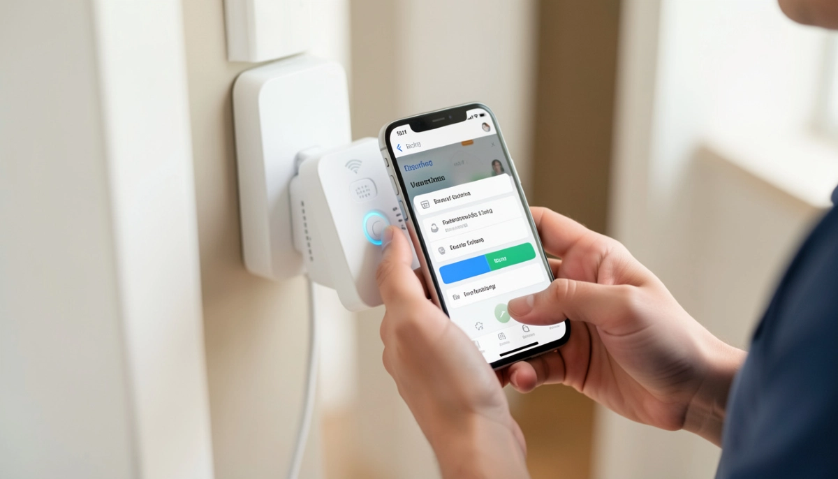 WiFi extender setup pairing – technician configuring wireless repeater in Gauteng home